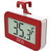 Bios DT133 digital refrigerator and freezer thermometer in red with fold-out hanging hook and LCD display, angled view