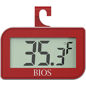 Bios DT133 digital refrigerator and freezer thermometer, red frame with large LCD display and hanging hook, front view
