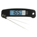 Bios DT134 digital waterproof folding pocket thermometer with probe swinging open and 165.2 reading on backlit display