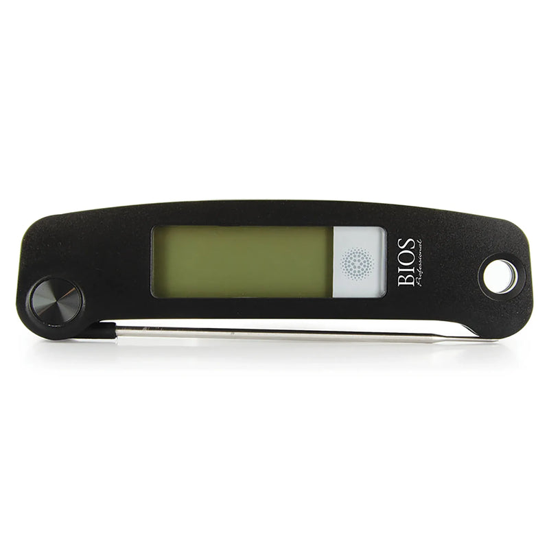 Bios DT134 digital waterproof folding pocket thermometer, black body with probe folded closed and LCD display off