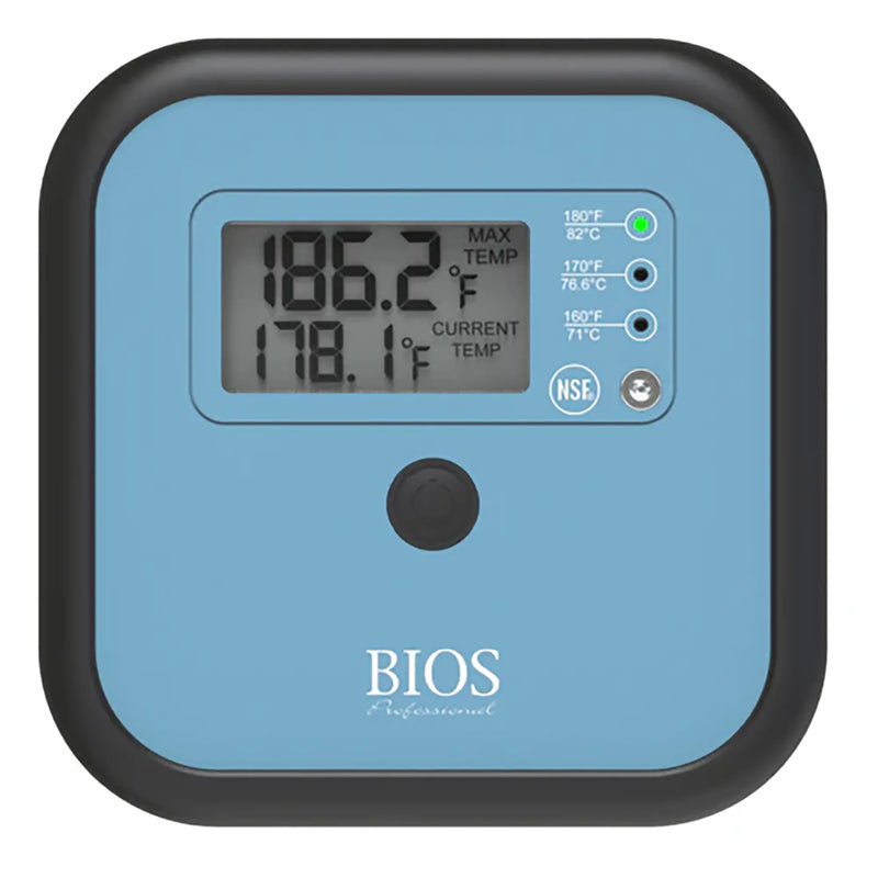Bios DT137 commercial dishwasher thermometer, blue square unit with black bumper and dual digital LCD display, front