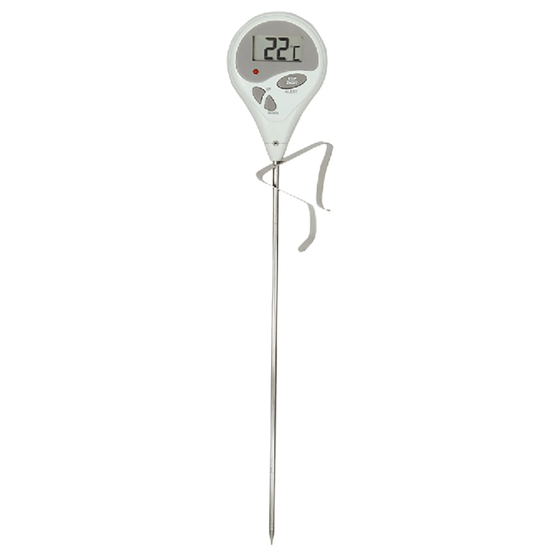 Bios DT155 digital deep fry candy thermometer with round white dial display, stainless steel probe and pot clip