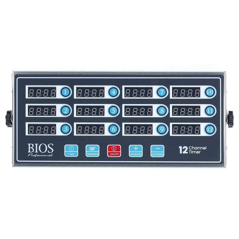 Bios DT212 12-channel timer, dark blue panel with twelve digital countdown displays and control buttons, front view