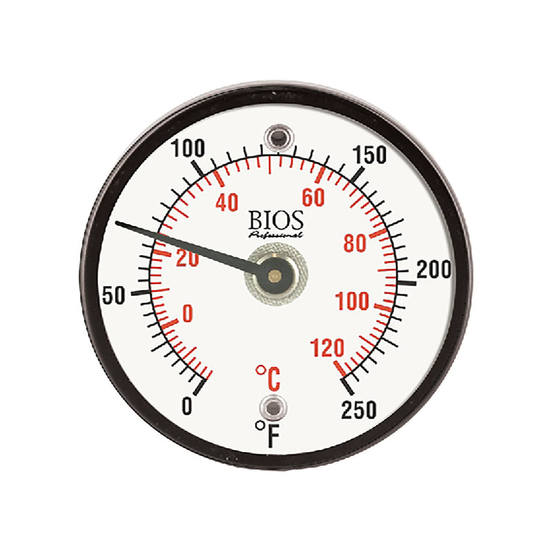 Bios DT500 magnetic surface thermometer, round analogue dial with Celsius and Fahrenheit scales, front view