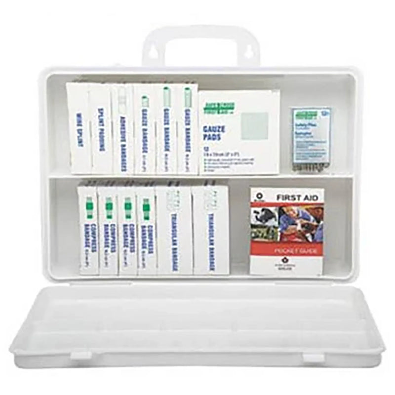 Bios FAONT1PB Ontario first aid kit, open white plastic case with bandages, dressings and first aid supplies inside