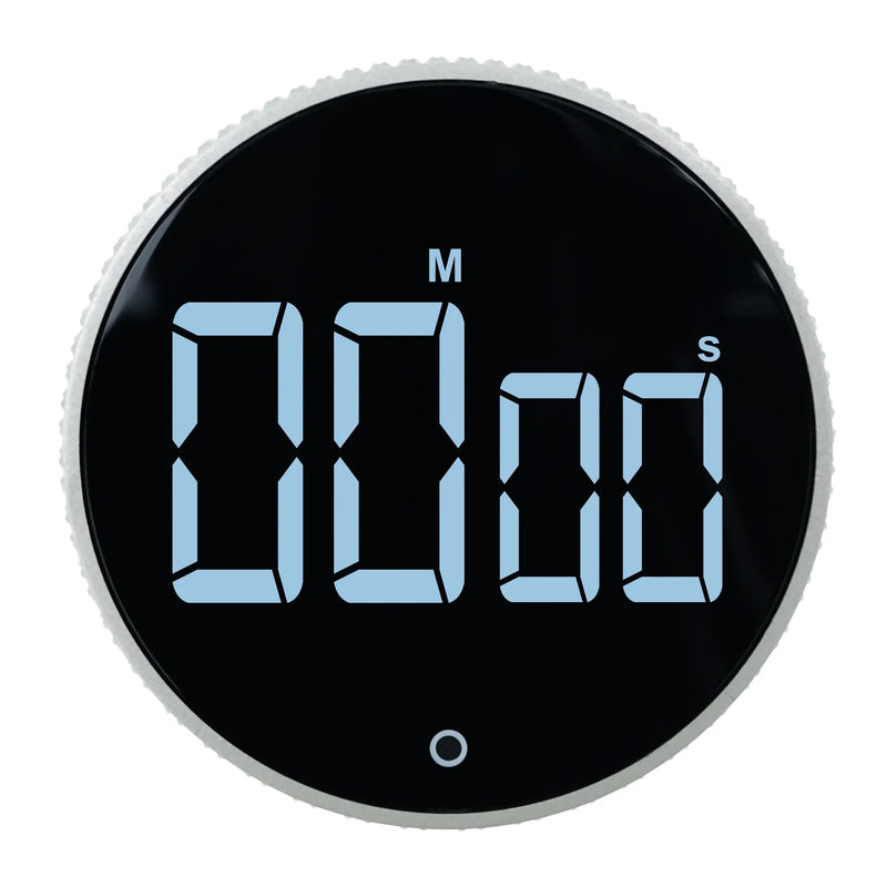 Bios FS711 rotary kitchen timer with round black face and white backlit digital minute and second display, top view