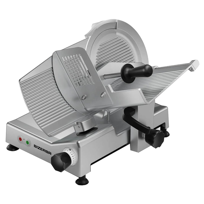 Bizerba GSE-12 manual aluminum meat slicer with 12-inch blade, blade guard, and product carriage, angled view
