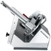 Bizerba GSP HDI-90 automatic illuminated aluminum meat slicer, rear side view showing the Bizerba branded housing