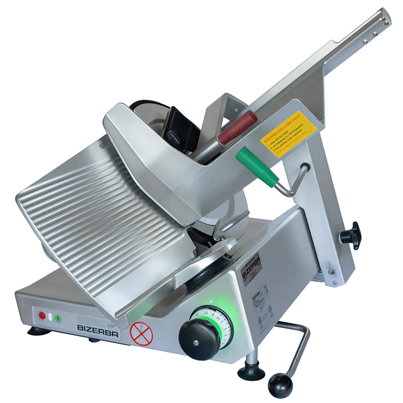 Bizerba GSP HI-90 manual illuminated aluminum meat slicer, 13-inch blade with green-lit control knob, angled