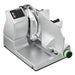 Bizerba VSP manual aluminum meat slicer with 13.75-inch blade, product tray and green-lit controls, angled view