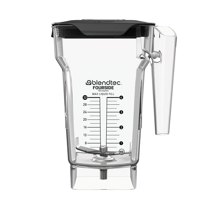 Blendtec 40-609-61 FourSide 32 oz blending jar in clear plastic with black lid, handle, and measurement markings