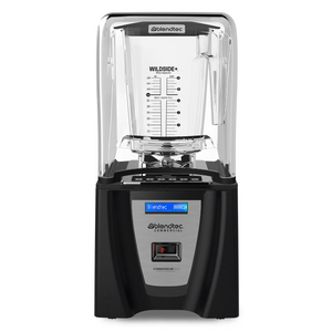 Blendtec 825 Connoisseur commercial blender with clear sound enclosure, black base, and digital display, front view