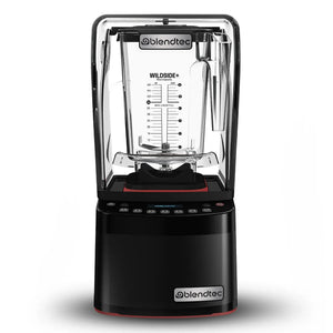 Blendtec 885 Stealth commercial blender with clear sound enclosure over the 48 oz jar and black touch base, front view