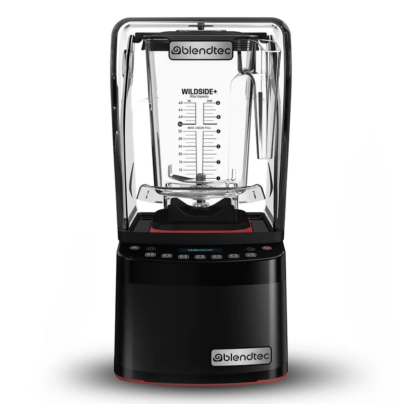 Blendtec 885 Stealth commercial blender with clear sound enclosure over the 48 oz jar and black touch base, front view