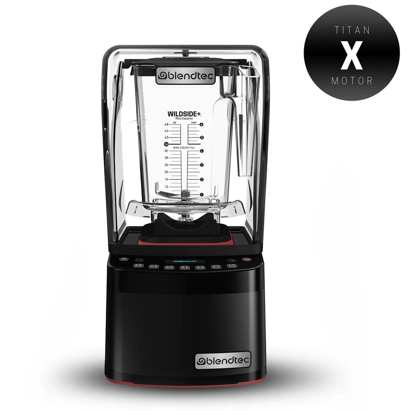 Blendtec 885X Stealth blender with brushless motor, clear sound enclosure, and black base with 48 oz jar, front view