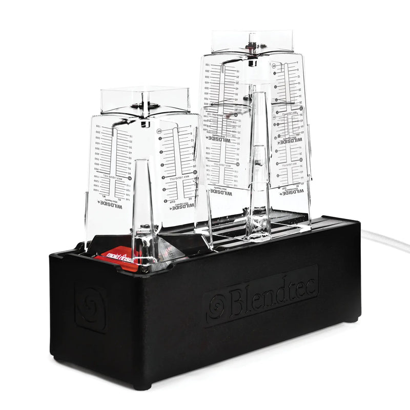 Blendtec JRE-612 blender jar rinsing station in black with three clear blender jars inverted on the rinse ports