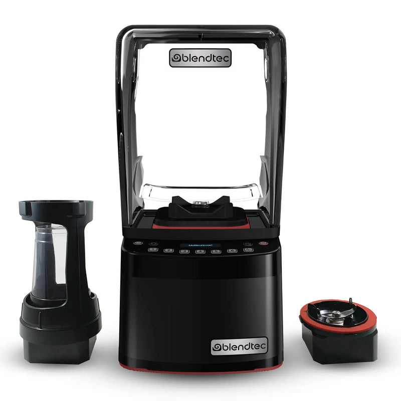 Blendtec Nitro Stealth blender with sound enclosure, shown with black blending chamber and red-rimmed base accessory