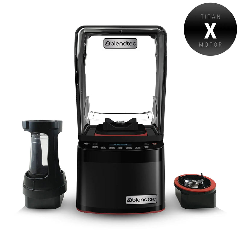 Blendtec Nitro X Stealth brushless motor blender with sound enclosure, shown with black chamber and base accessory