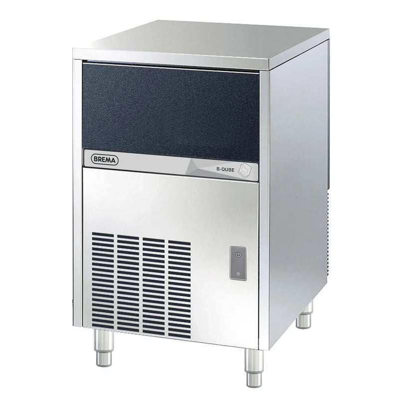 Brema CB316A-HC-AWS under counter cube ice machine in stainless steel with dark front panel, angled front view