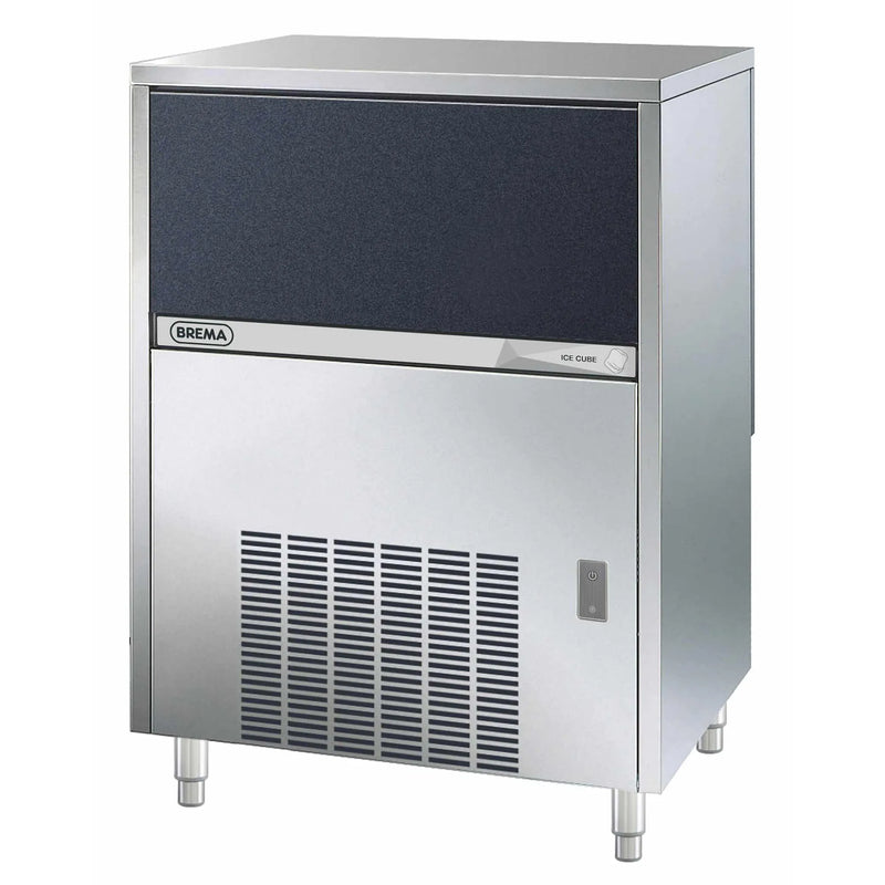 Brema CB640A-HC-AWS under counter cube ice machine, larger stainless steel cabinet with front vent grille, angled view