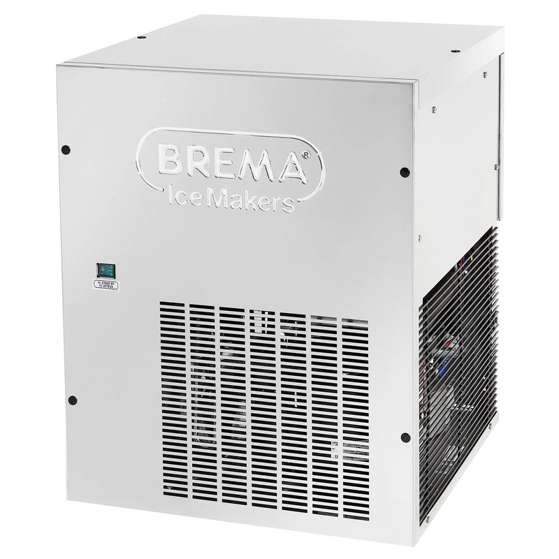 Brema TM250A-HC modular pebble ice machine head, stainless steel housing with Brema logo and vented front and side