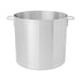 Browne aluminum stock pot with natural finish and riveted loop handles, tall straight sides, front view