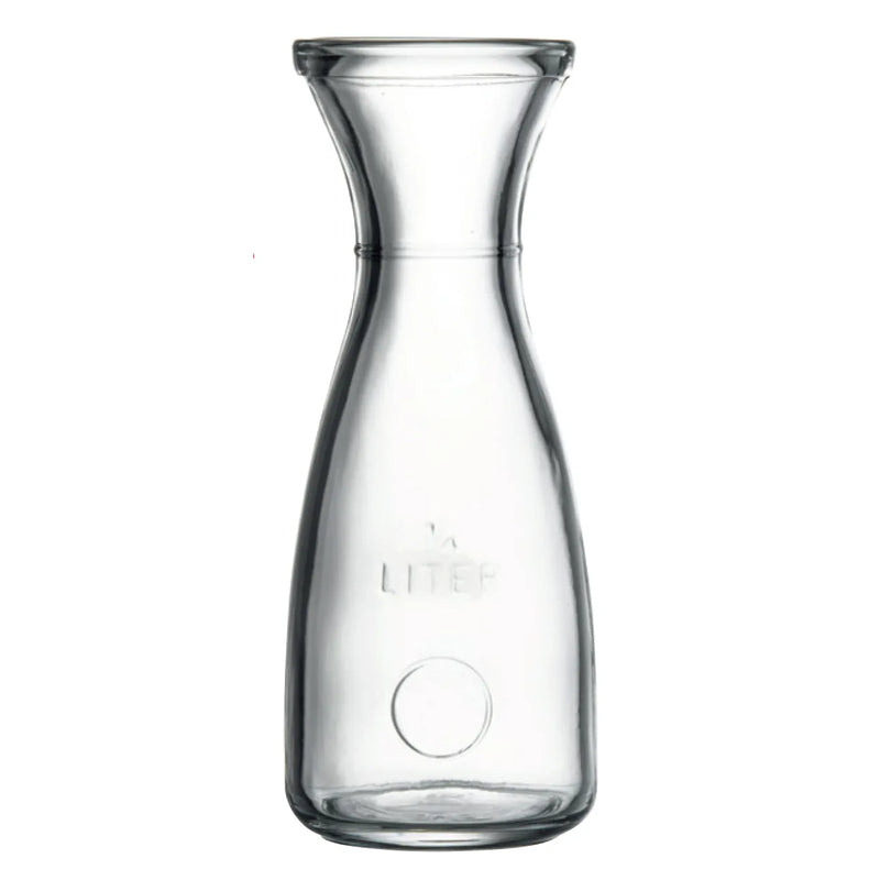 Browne BACCHUS clear glass carafe with narrow neck and embossed measure mark on the side, front view