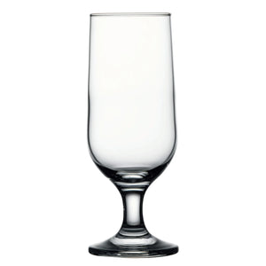 Browne CAPRI 12 oz clear footed beer glass with tall tapered bowl and short stem, sold in a pack of 12