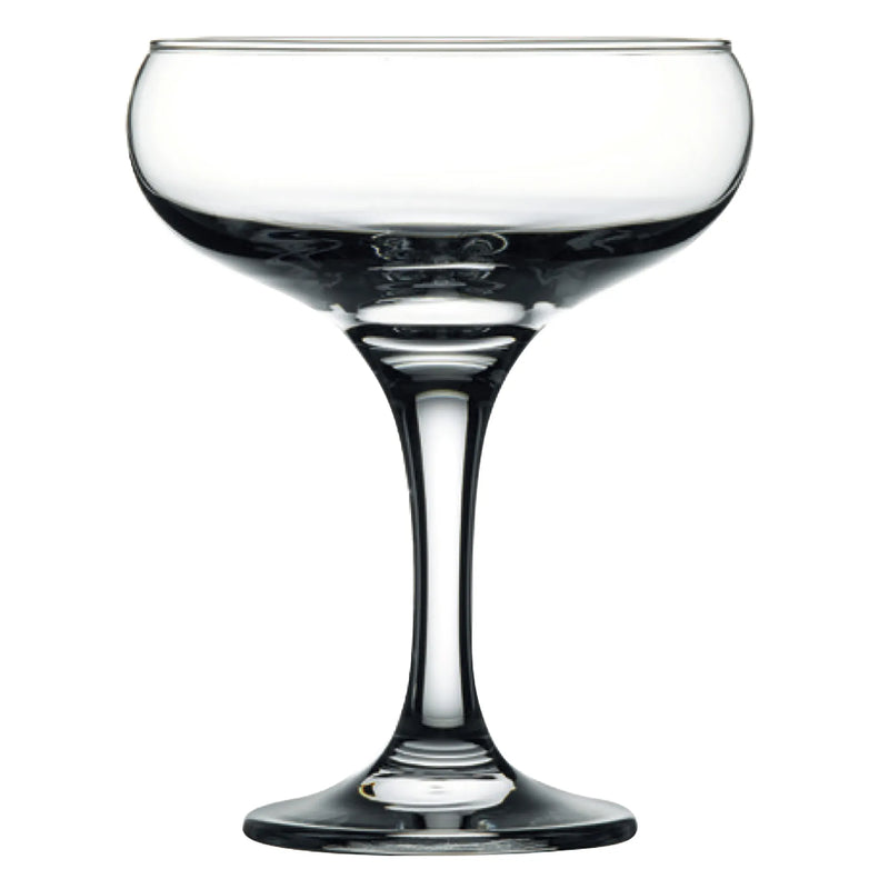 Browne CAPRI 9 oz clear glass coupe with wide shallow bowl and slim stem on round foot, sold in a pack of 12
