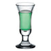 Browne CAPRI 1 oz clear footed shot glass with flared rim, shown filled with green liqueur, pack of 12