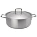 Browne ELEMENTS stainless steel brazier with cover, wide shallow pan with two loop handles and domed lid