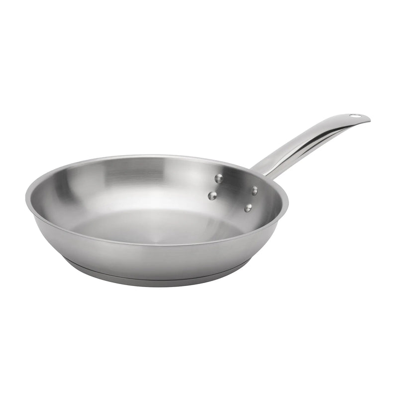 Browne ELEMENTS stainless steel fry pan, smaller size option with brushed interior and riveted handle