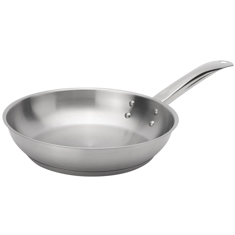 Browne ELEMENTS stainless steel fry pan, medium size option with deep flared sides and long riveted handle