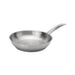 Browne ELEMENTS stainless steel fry pan with riveted long handle, brushed finish and flared sides, angled view