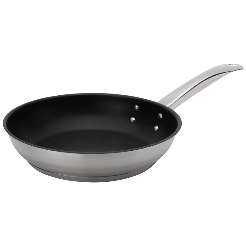 Browne ELEMENTS stainless steel non-stick Excalibur fry pan with black interior, medium-large size option