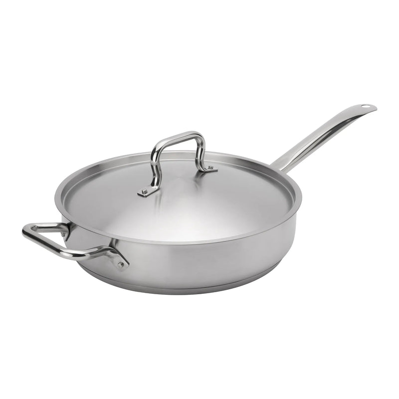 Browne ELEMENTS stainless steel saute pan with cover, long handle and helper handle, smaller size option