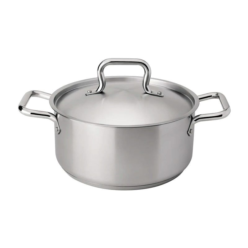 Browne ELEMENTS stainless steel stock pot with cover, shallow low-profile size with loop side handles