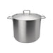 Browne ELEMENTS stainless steel stock pot with cover, tall medium size option shown with lid on