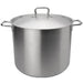 Browne ELEMENTS stainless steel stock pot with cover, extra large size option with wide mouth and lid on