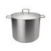 Browne ELEMENTS stainless steel stock pot with cover, tall straight-sided pot with loop handles, front view