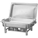 Browne full size 8 quart stainless steel chafer with hinged lid open showing food pan on folding stand