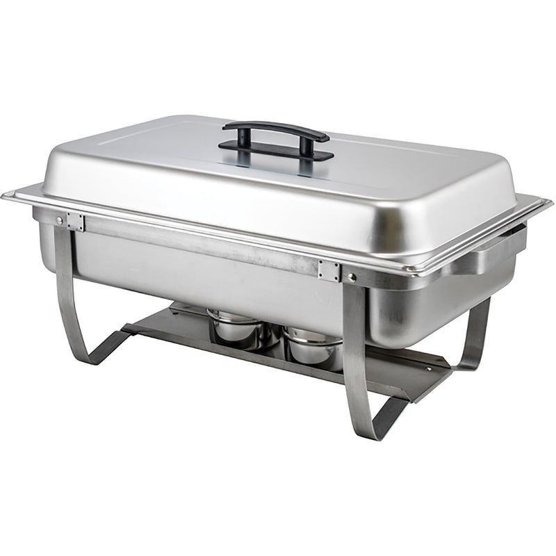 Browne full size 8 quart stainless steel chafer with lid closed on folding wire stand with fuel holders, front view