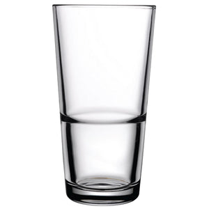 Browne GRAND-STACK 16 oz clear glass stackable cooler glass with tall tapered sides and stacking ridge, pack of 12