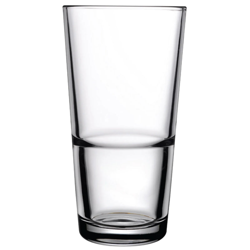 Browne GRAND-STACK 16 oz clear glass stackable cooler glass with tall tapered sides and stacking ridge, pack of 12