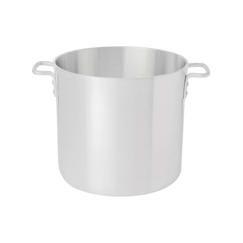 Browne heavy duty aluminum stock pot with riveted loop handles and natural finish, smaller size option
