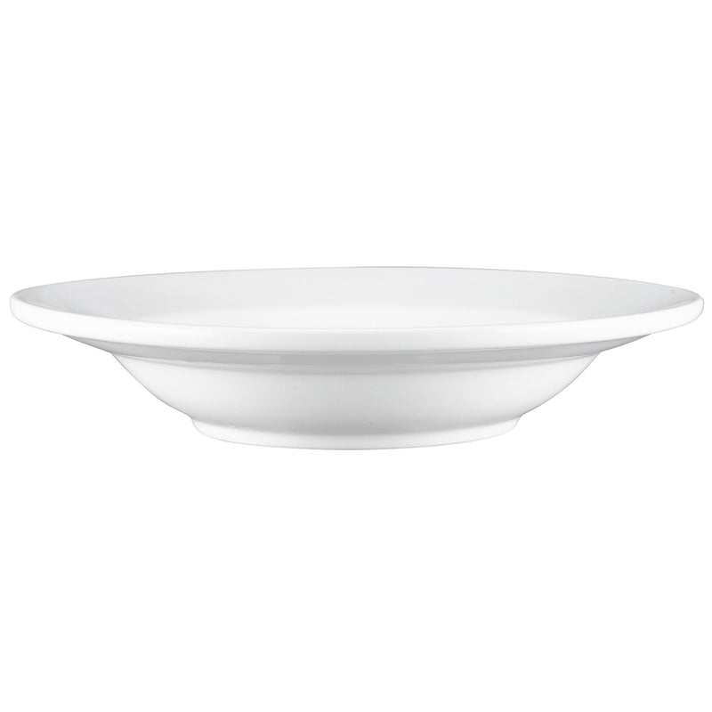 Browne PALM 9-inch white porcelain rimmed bowl, sold in a pack of 12, deeper size option shown from the side