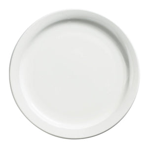 Browne PALM white porcelain round plate with narrow raised rim, sold in a pack of 12, angled top view
