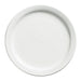 Browne PALM white porcelain round plate with narrow raised rim, sold in a pack of 12, angled top view