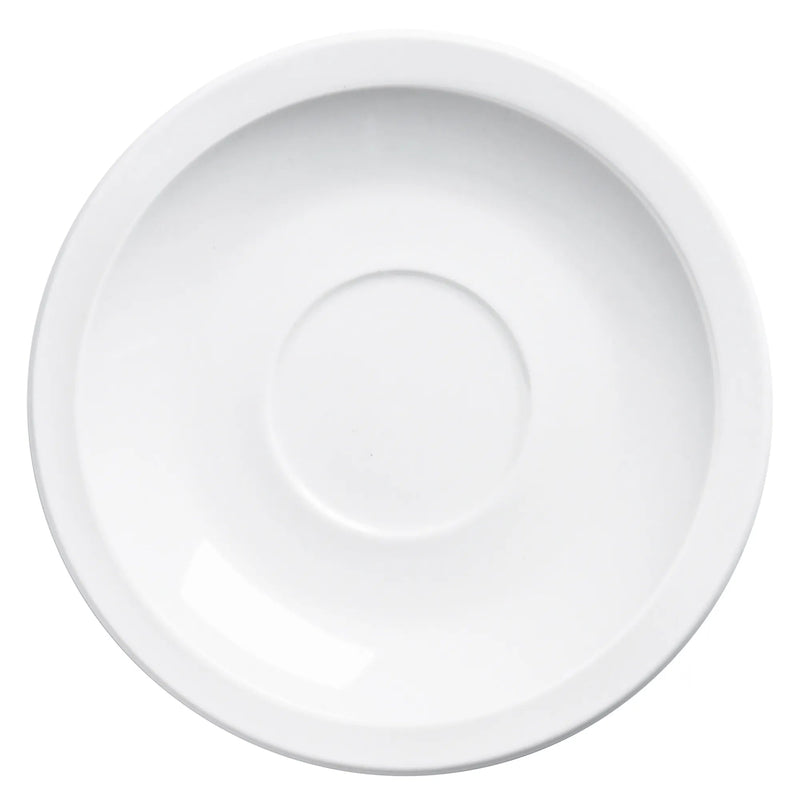 Browne PALM white porcelain saucer with recessed cup well, sold in a pack of 12, top view, first size