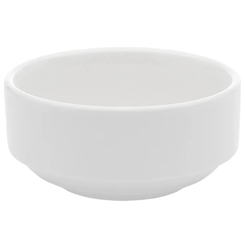 Browne PALM white porcelain stacking bowl, pack of 12, wide straight-sided bowl with rolled rim, side view